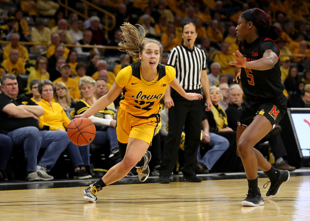 Iowa Hawkeyes guard Kathleen Doyle (22) against the Maryland Terrapins Thursday, January 9, 2020 at Carver-Hawkeye Arena. (Brian Ray/hawkeyesports.com)