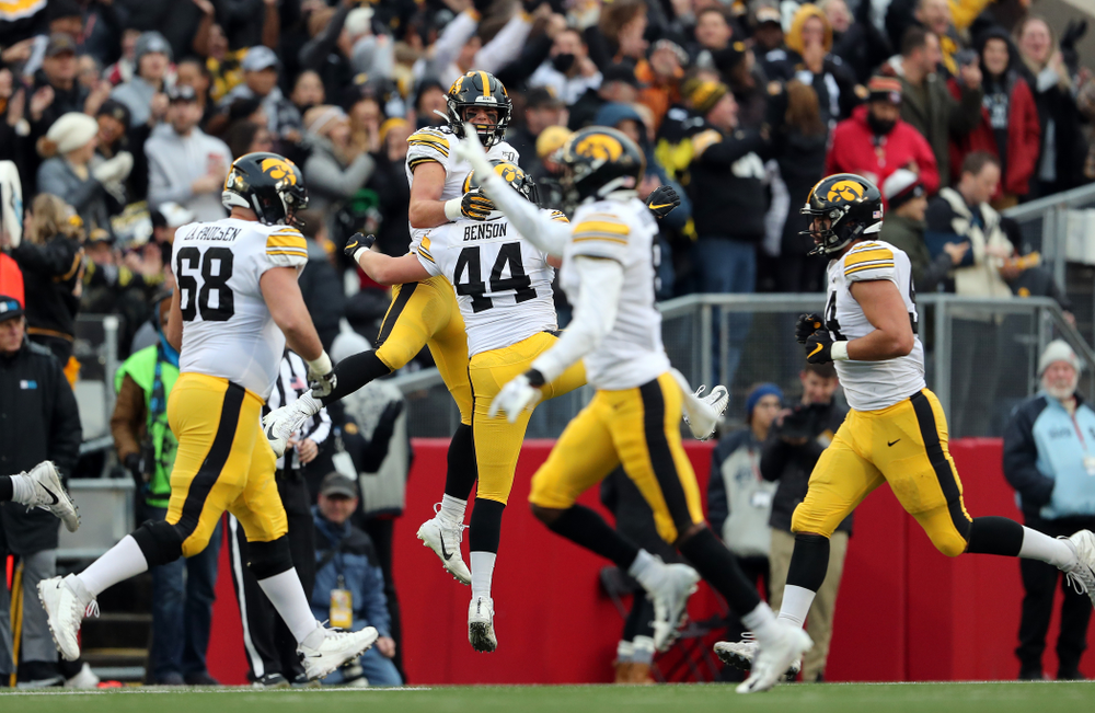 Iowa Hawkeyes linebacker Dillon Doyle (43) and linebacker Seth Benson (44) against the Wisconsin Badgers Saturday, November 9, 2019 at Camp Randall Stadium in Madison, Wisc. (Brian Ray/hawkeyesports.com)
