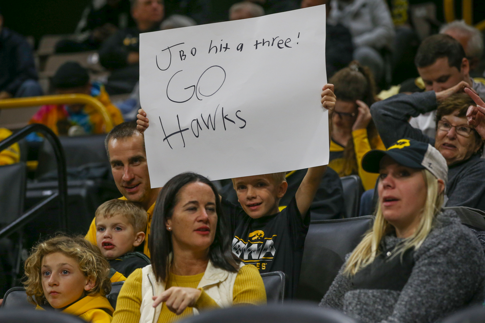 A fan waves a sign during Iowa men’s basketball vs SIUE on Friday, November 8, 2019 at Carver-Hawkeye Arena. (Lily Smith/hawkeyesports.com)