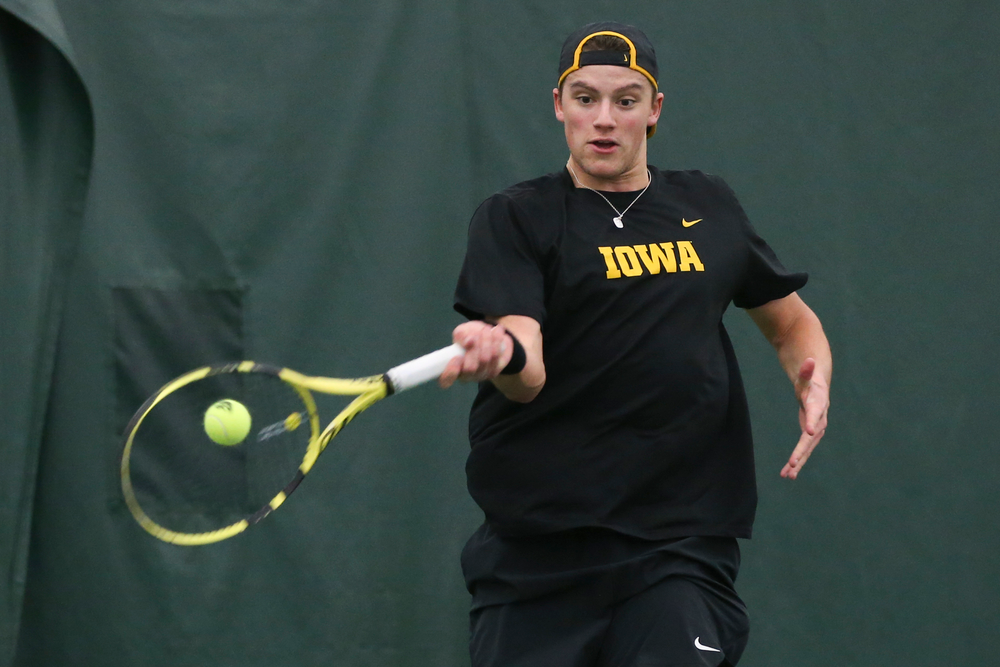 Iowa’s Joe Tyler returns a hit during the Iowa men’s tennis meet vs VCU on Saturday, February 29, 2020 at the Hawkeye Tennis and Recreation Complex. (Lily Smith/hawkeyesports.com)