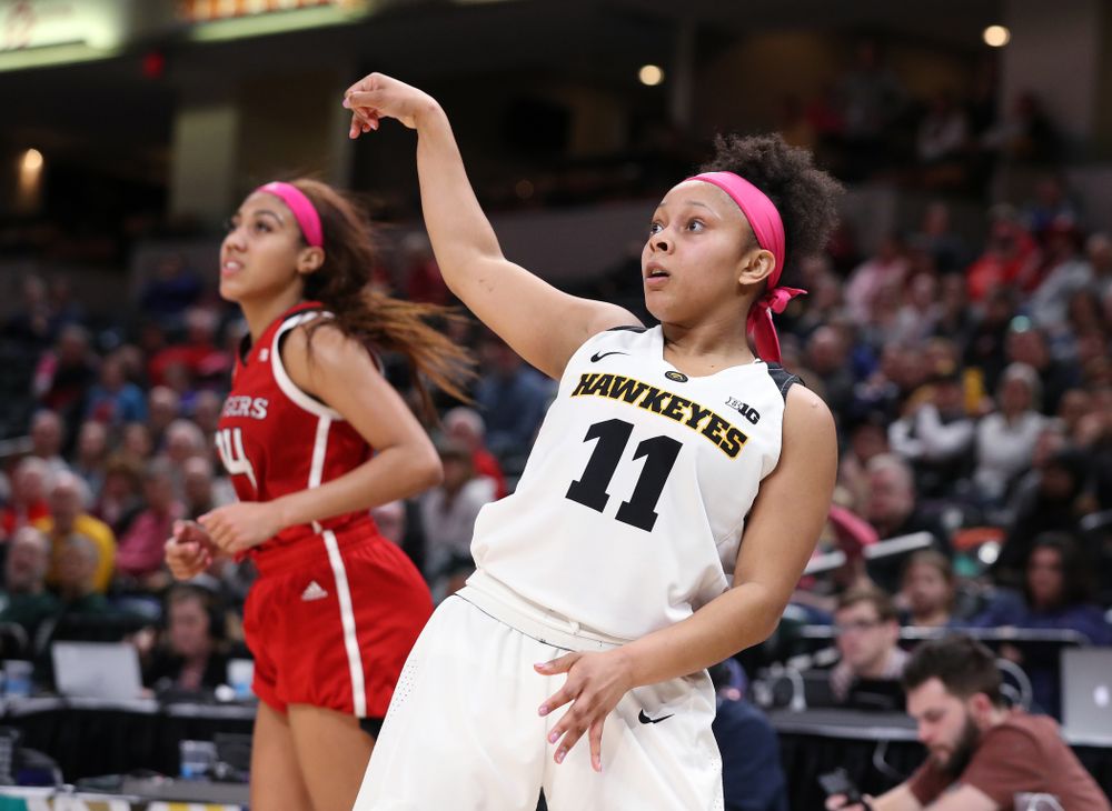 Iowa Hawkeyes guard Tania Davis (11) against the Rutgers Scarlet Knights in the semi-finals of the Big Ten Tournament Saturday, March 9, 2019 at Bankers Life Fieldhouse in Indianapolis, Ind. (Brian Ray/hawkeyesports.com)