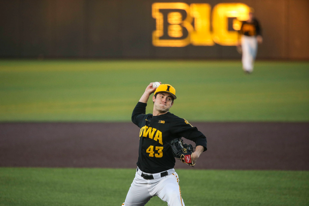 Iowa pitcher Grant Leonard at the game vs. Bradley on Tuesday, March 26, 2019 at (place). (Lily Smith/hawkeyesports.com)