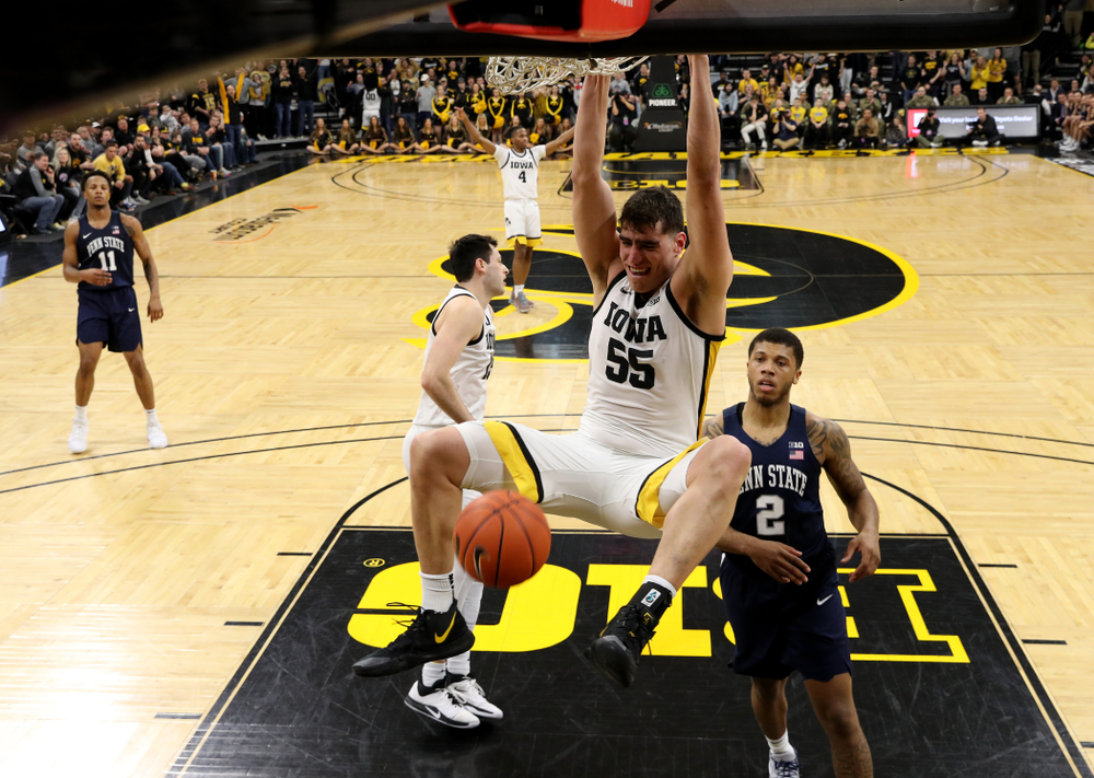 Iowa Hawkeyes forward Luka Garza (55) dunks the ball against Penn State Saturday, February 29, 2020 at Carver-Hawkeye Arena. (Brian Ray/hawkeyesports.com)