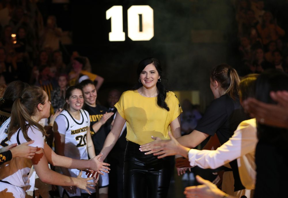 Megan Gustafson is introduced during a jersey retirement ceremony Sunday, January 26, 2020 at Carver-Hawkeye Arena. (Brian Ray/hawkeyesports.com)