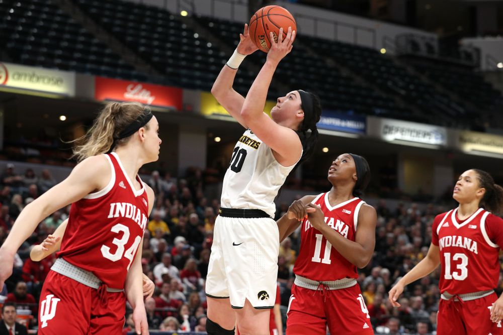 Iowa Hawkeyes forward Megan Gustafson (10) against the Indiana Hoosiers in the quarterfinals of the Big Ten Tournament Friday, March 8, 2019 at Bankers Life Fieldhouse in Indianapolis, Ind. (Brian Ray/hawkeyesports.com)