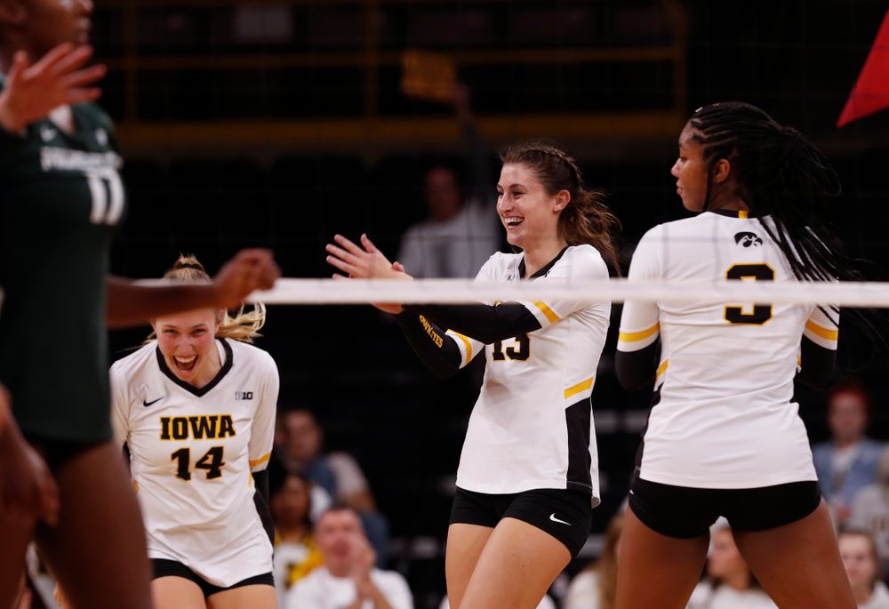 Iowa Hawkeyes middle blocker Sarah Wing (13) against the Michigan State Spartans Friday, September 21, 2018 at Carver-Hawkeye Arena. (Brian Ray/hawkeyesports.com)