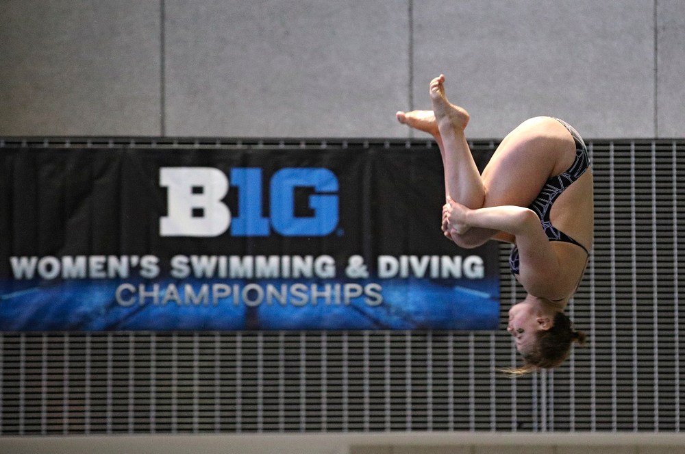 Iowa’s Claire Park competes in the women’s 3 meter diving preliminary event during the 2020 Women’s Big Ten Swimming and Diving Championships at the Campus Recreation and Wellness Center in Iowa City on Friday, February 21, 2020. (Stephen Mally/hawkeyesports.com)
