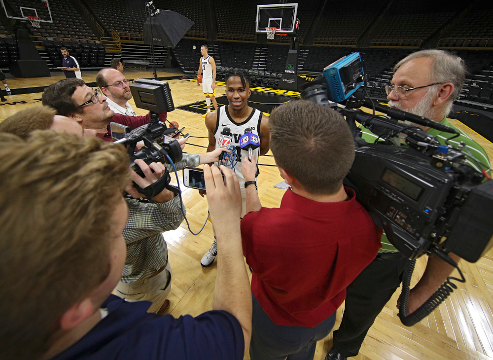 Iowa Hawkeyes guard Bakari Evelyn (4) answers questions during Iowa Men’s Basketball Media Day at Carver-Hawkeye Arena in Iowa City on Wednesday, Oct 9, 2019. (Stephen Mally/hawkeyesports.com)