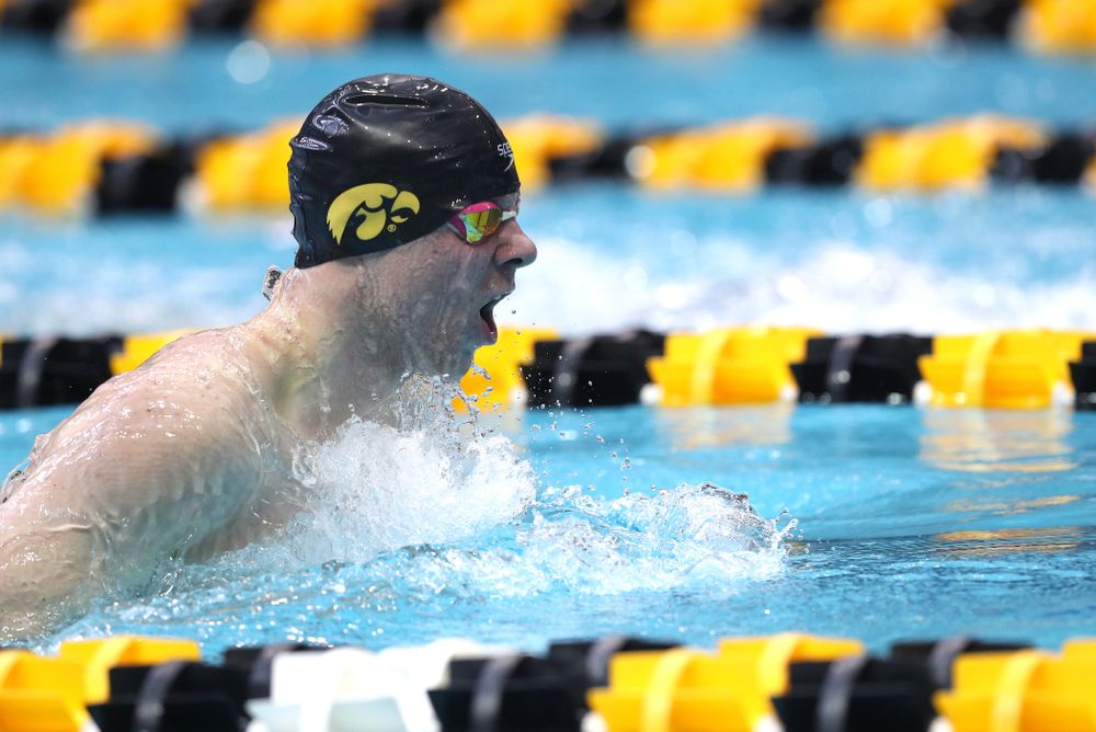 Iowa's Tanner Nelson competes in the 200-yard breaststroke during the 2019 Big Ten Men's Swimming and Diving Championships Saturday, March 2, 2019 at the Campus Wellness and Recreation Center. (Brian Ray/hawkeyesports.com)