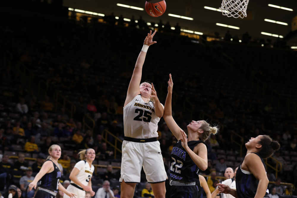 Iowa Hawkeyes forward/center Monika Czinano (25) against Dakota Wesleyan University Tuesday, November 6, 2018 at Carver-Hawkeye Arena. (Brian Ray/hawkeyesports.com)