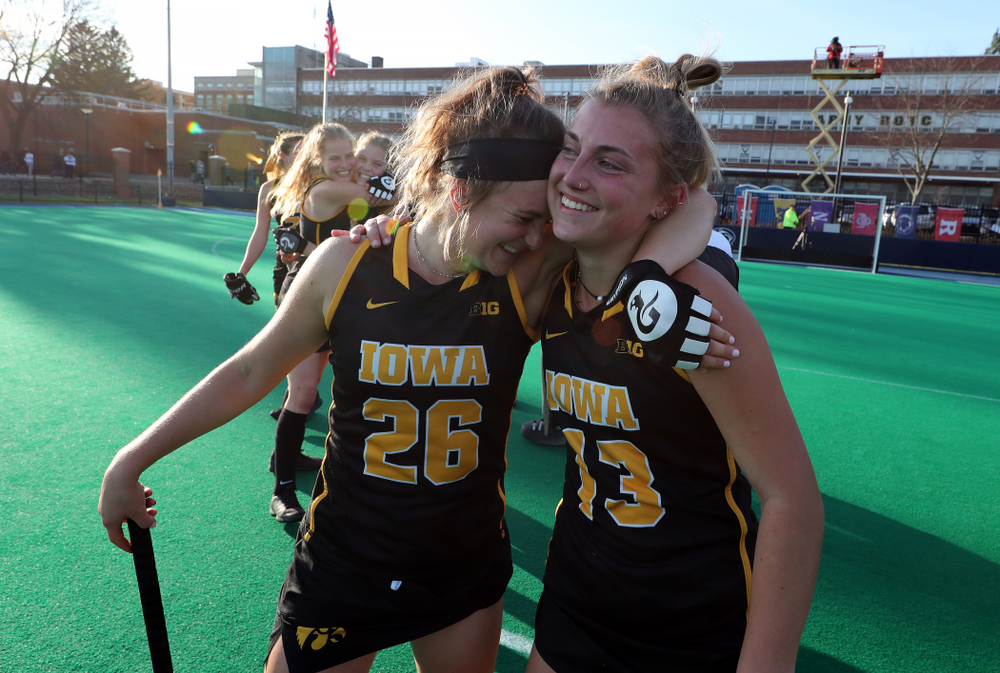 Iowa Hawkeyes forward Maddy Murphy (26) and forward Leah Zellner (13) celebrate their 1-0 overtime victory over Penn State to win the 2019 Big Ten Field Hockey Tournament Sunday, November 10, 2019 at Penn State (Brian Ray/hawkeyesports.com)