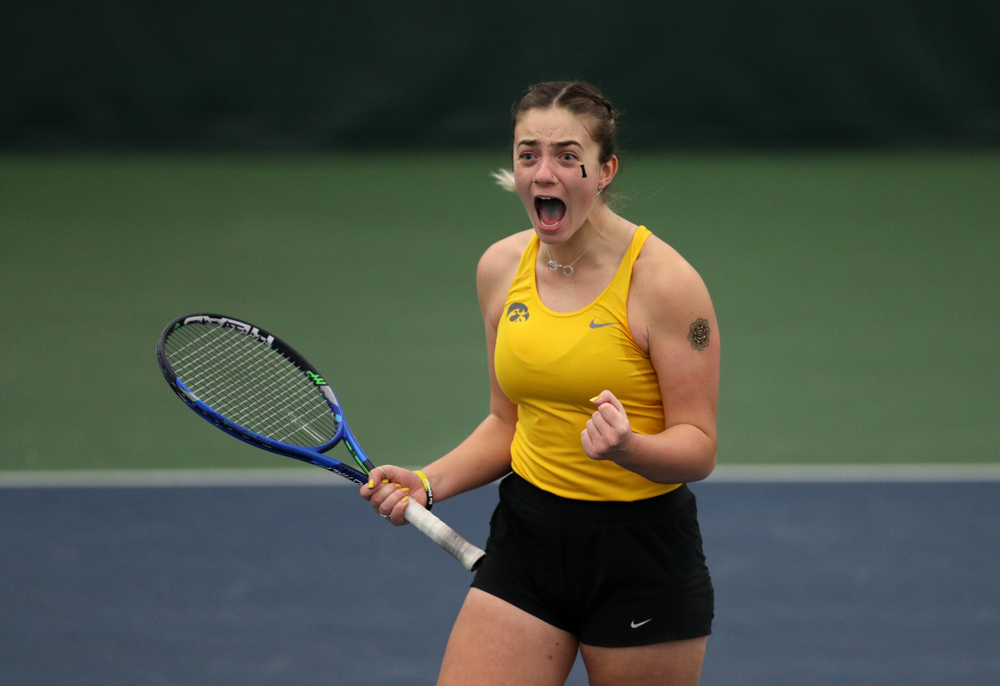 Iowa's Sophie Clark against the Iowa State Cyclones Friday, February 8, 2019 at the Hawkeye Tennis and Recreation Complex. (Brian Ray/hawkeyesports.com)