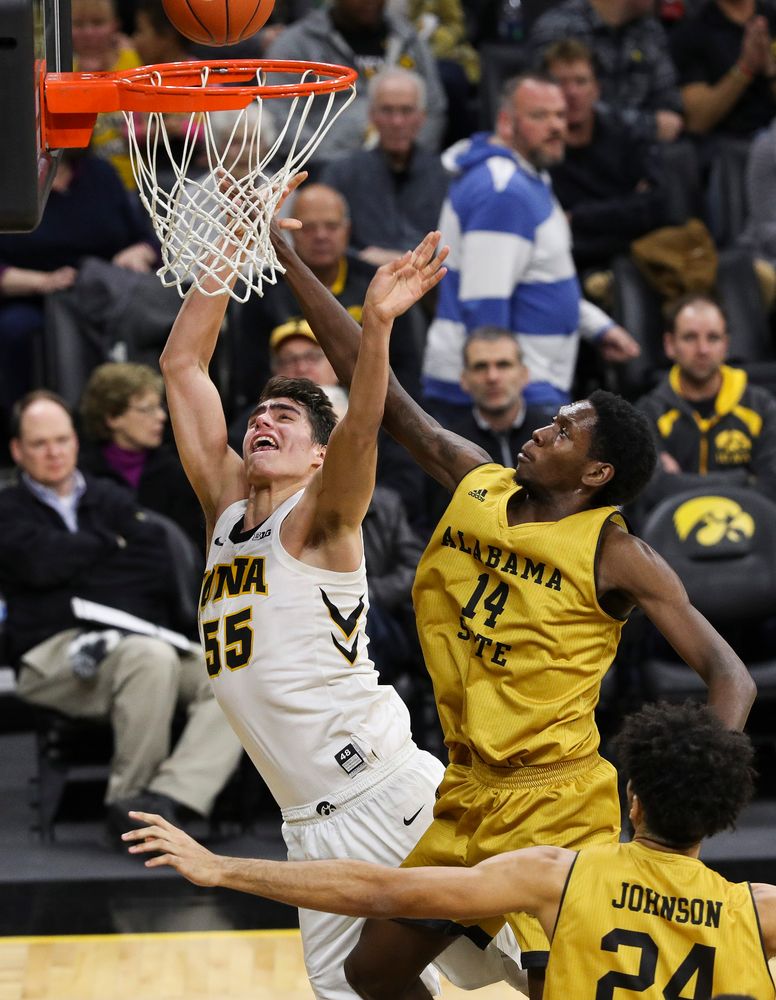 Iowa Hawkeyes forward Luka Garza (55) goes up for a layup during a game against Alabama State at Carver-Hawkeye Arena on November 21, 2018. (Tork Mason/hawkeyesports.com)