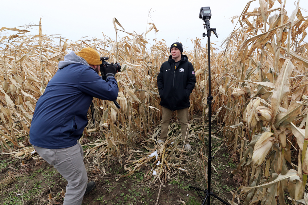 All American Jacob Warner answers questions from reporters during the teamÕs annual media day Wednesday, October 30, 2019 at Kroul Family Farms in Mount Vernon. (Brian Ray/hawkeyesports.com)