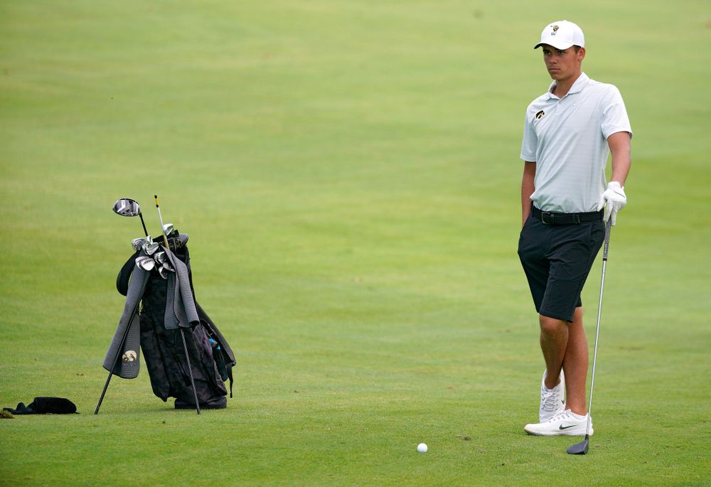 Iowa’s Garrett Tighe waits to hit from the fairway during the second day of the Golfweek Conference Challenge at the Cedar Rapids Country Club in Cedar Rapids on Monday, Sep 16, 2019. (Stephen Mally/hawkeyesports.com)
