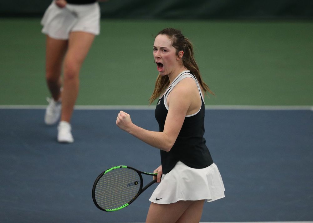 during a doubles match against North Texas Sunday, January 20, 2019 at the Hawkeye Tennis and Recreation Center. (Brian Ray/hawkeyesports.com)