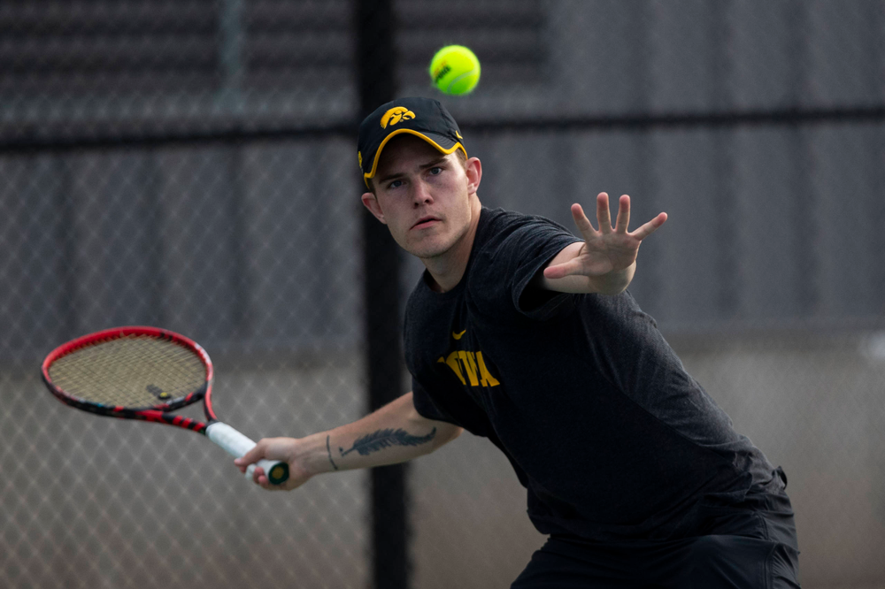 IowaÕs Jonas Larsen at tennis vs Illinois State on Sunday, April 21, 2019 at the Hawkeye Tennis and Recreation Complex. (Lily Smith/hawkeyesports.com)