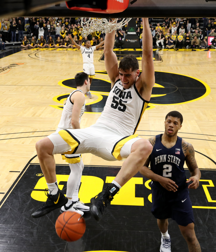 Iowa Hawkeyes forward Luka Garza (55) dunks the ball against Penn State Saturday, February 29, 2020 at Carver-Hawkeye Arena. (Brian Ray/hawkeyesports.com)