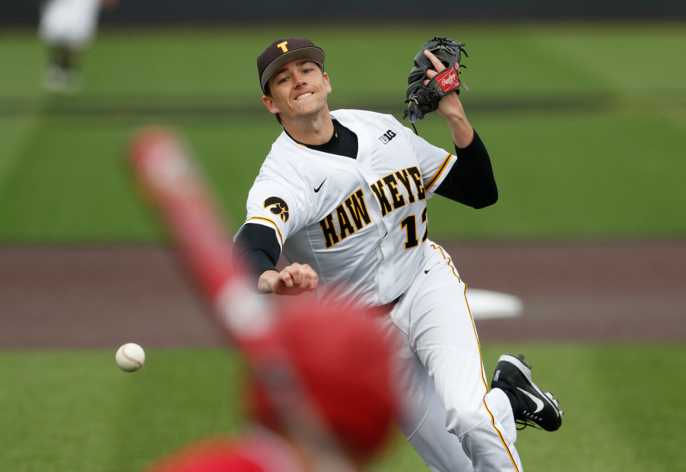 Iowa Hawkeyes pitcher Nick Nelsen (12) during a double header against the Indiana Hoosiers Friday, March 23, 2018 at Duane Banks Field. (Brian Ray/hawkeyesports.com)