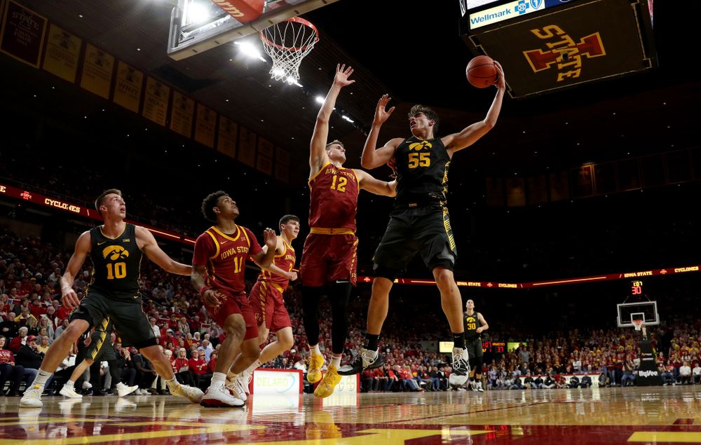 Iowa Hawkeyes forward Luka Garza (55) against the Iowa State Cyclones Thursday, December 12, 2019 at Hilton Coliseum in Ames, Iowa(Brian Ray/hawkeyesports.com)