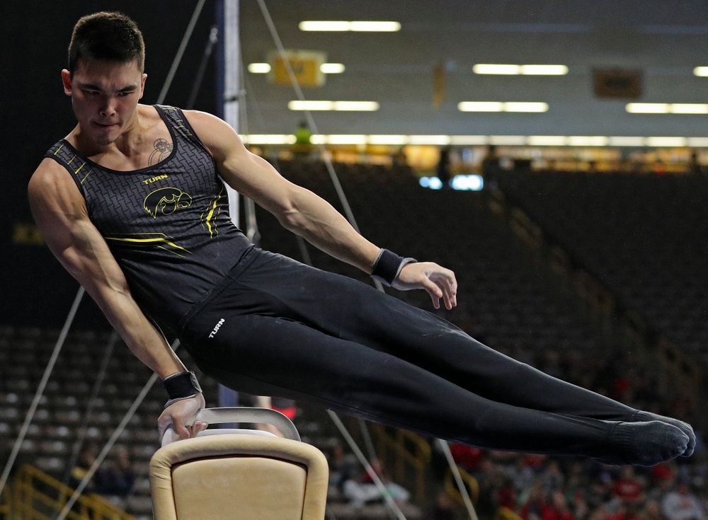 Iowa's Addison Chung competes in the pommel during the first day of the Big Ten Men's Gymnastics Championships at Carver-Hawkeye Arena in Iowa City on Friday, Apr. 5, 2019. (Stephen Mally/hawkeyesports.com)