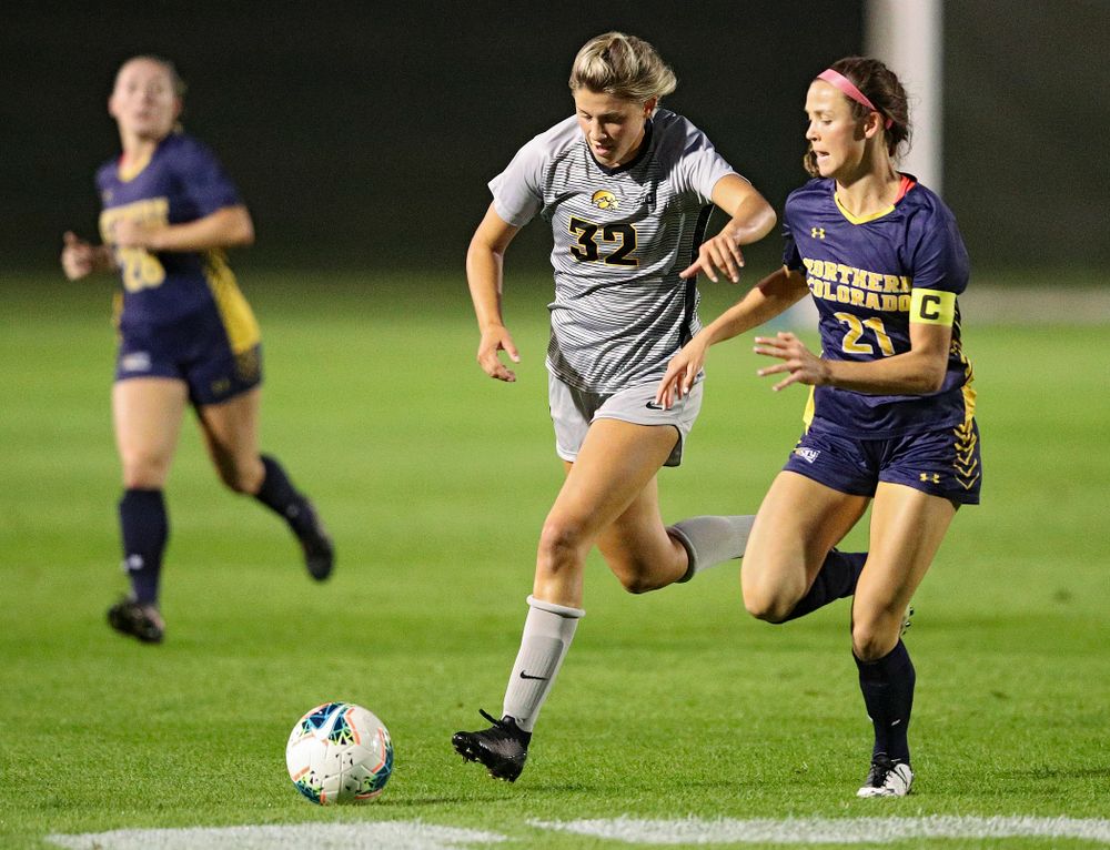 Iowa forward Gianna Gourley (32) moves with the ball during the first half of their match at the Iowa Soccer Complex in Iowa City on Friday, Sep 13, 2019. (Stephen Mally/hawkeyesports.com)