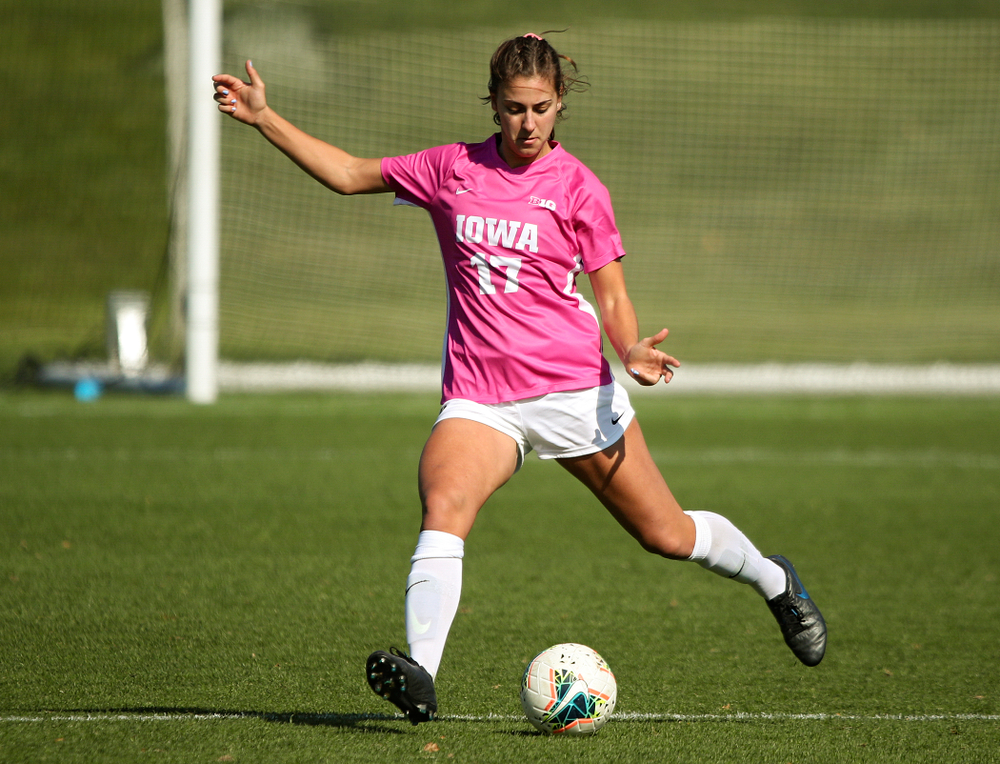 Iowa defender Hannah Drkulec (17) passes the ball during the first half of their match at the Iowa Soccer Complex in Iowa City on Sunday, Oct 27, 2019. (Stephen Mally/hawkeyesports.com)