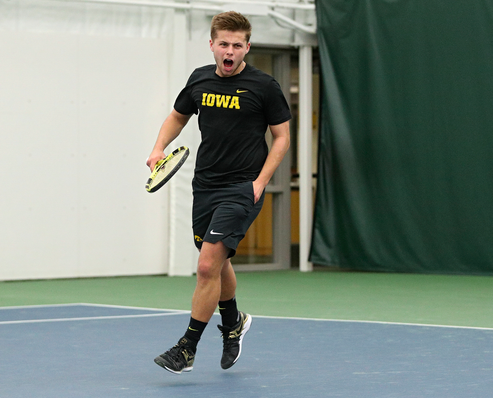 Iowa’s Will Davies celebrates after a point during his singles match at the Hawkeye Tennis and Recreation Complex in Iowa City on Friday, February 14, 2020. (Stephen Mally/hawkeyesports.com)
