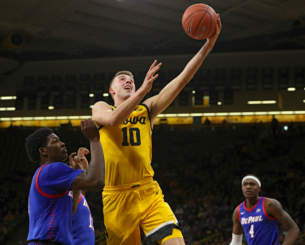 Iowa Hawkeyes guard Joe Wieskamp (10) makes a basket during the first half of their game at Carver-Hawkeye Arena in Iowa City on Monday, Nov 11, 2019. (Stephen Mally/hawkeyesports.com)