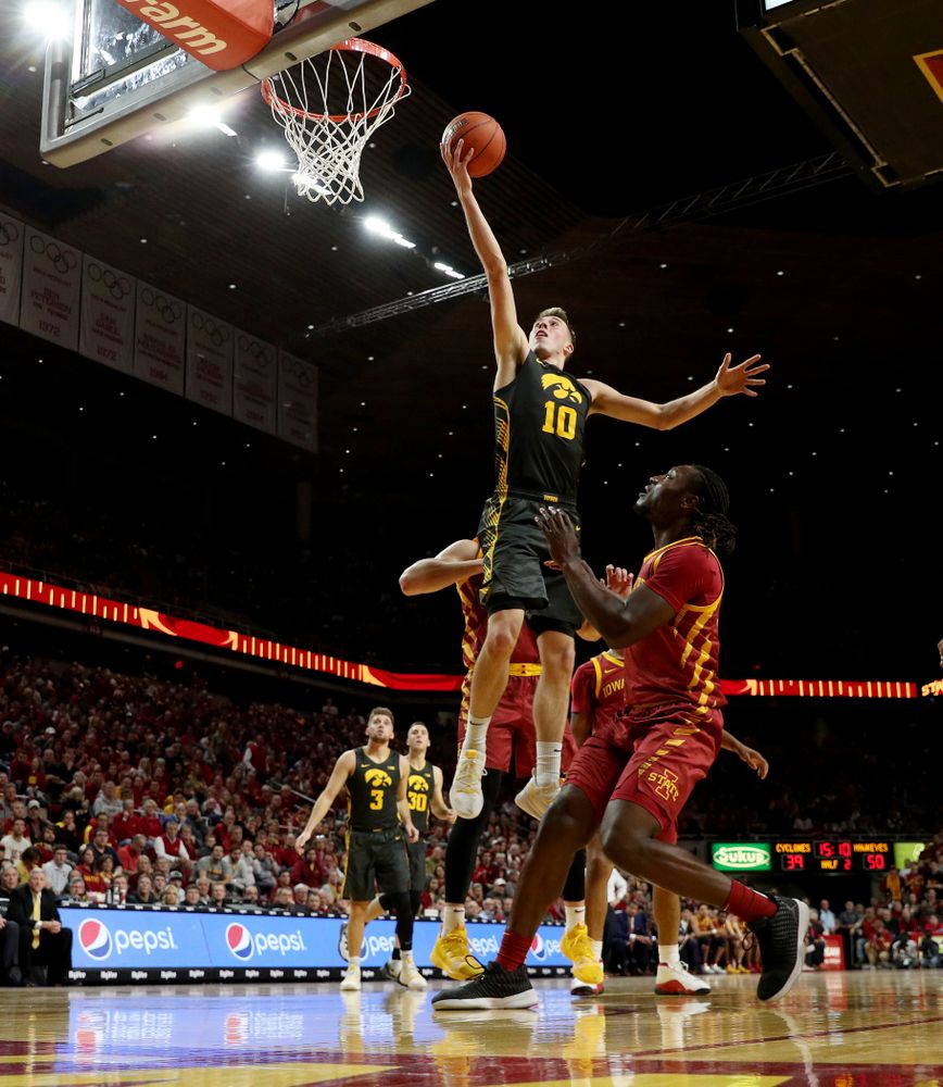 Iowa Hawkeyes guard Joe Wieskamp (10) goes to the hoop against the Iowa State Cyclones Thursday, December 12, 2019 at Hilton Coliseum in Ames, Iowa(Brian Ray/hawkeyesports.com)
