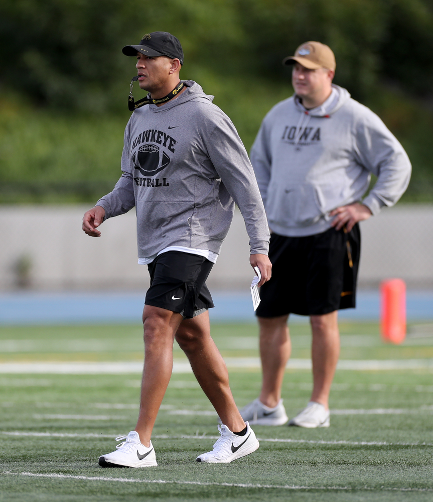 Iowa Hawkeyes special teams coordinator LeVar Woods runs a drill during Holiday Bowl Practice No. 3 Tuesday, December 24, 2019 at San Diego Mesa College. (Brian Ray/hawkeyesports.com)