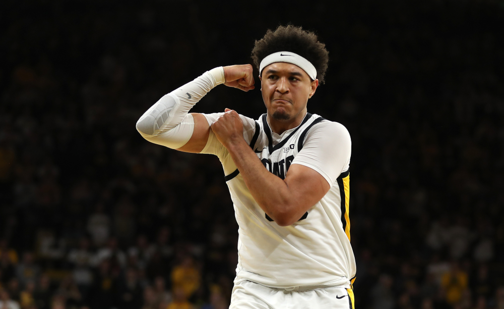 Iowa Hawkeyes forward Cordell Pemsl (35) flexes after a basket against the Ohio State Buckeyes Thursday, February 20, 2020 at Carver-Hawkeye Arena. (Brian Ray/hawkeyesports.com)