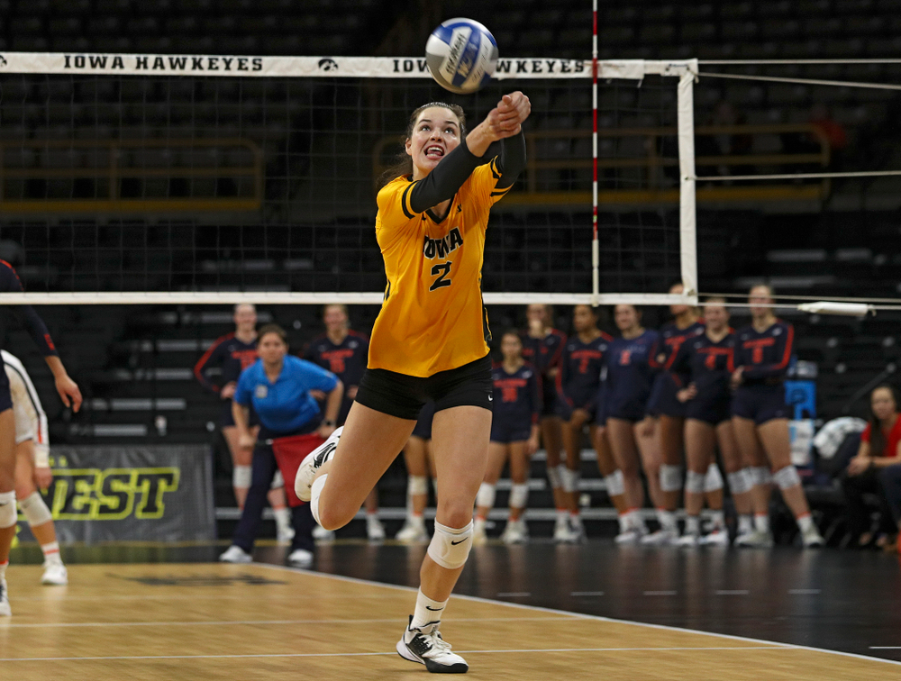 Iowa’s Courtney Buzzerio (2) reaches a ball during the first set of their match against Illinois at Carver-Hawkeye Arena in Iowa City on Wednesday, Nov 6, 2019. (Stephen Mally/hawkeyesports.com)
