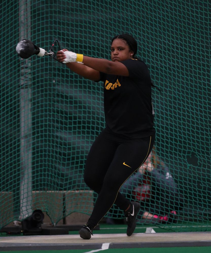 Iowa's Nia Britt competes in the weight throw Friday, January 11, 2019 at the Hawkeye Tennis and Recreation Center. (Brian Ray/hawkeyesports.com)
