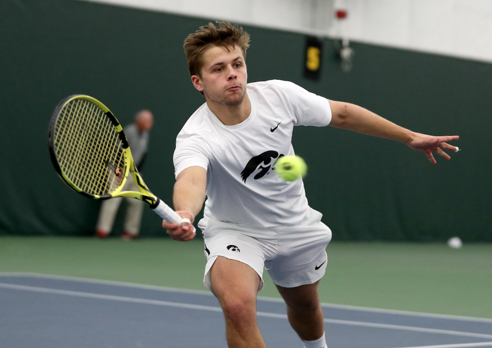 Iowa’s Will Davies and Oliver Okonkwo play a doubles match against Cornell Sunday, March 8, 2020 at the Hawkeye Tennis and Recreation Center. (Brian Ray/hawkeyesports.com)