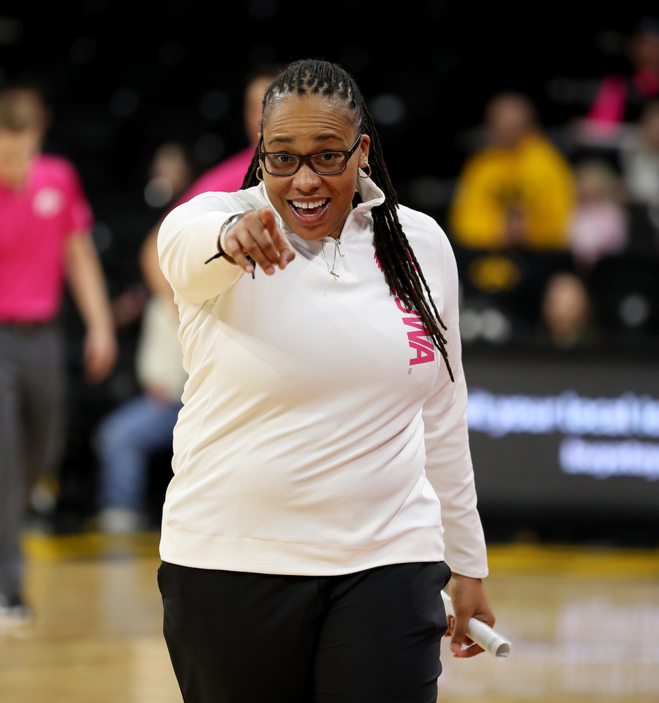 Iowa Hawkeyes assistant coach Raina Harmon against the Wisconsin Badgers Sunday, February 16, 2020 at Carver-Hawkeye Arena. (Brian Ray/hawkeyesports.com)