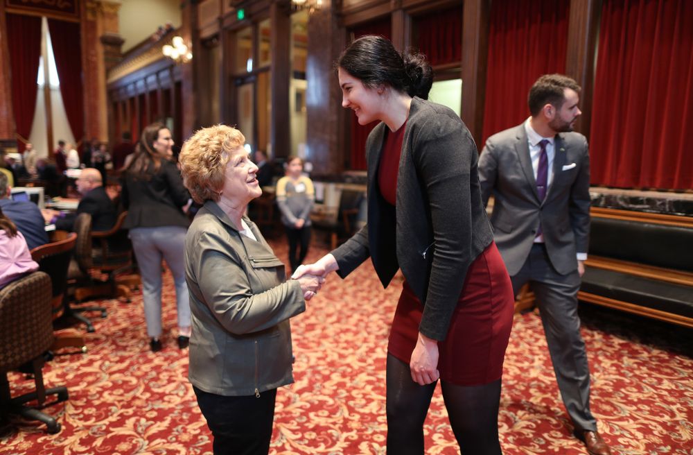 Iowa WomenÕs BasketballÕs Megan Gustafson is recognized with a resolution by the house and the senate at the Iowa State Capitol Wednesday, April 24, 2019 in Des Moines. (Brian Ray/hawkeyesports.com)