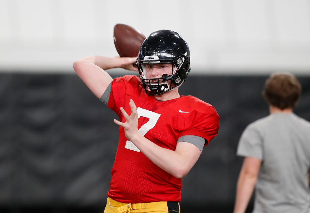 Iowa Hawkeyes quarterback Spencer Petras (7) during spring practice Wednesday, March 28, 2018 at the Hansen Football Performance Center. (Brian Ray/hawkeyesports.com)