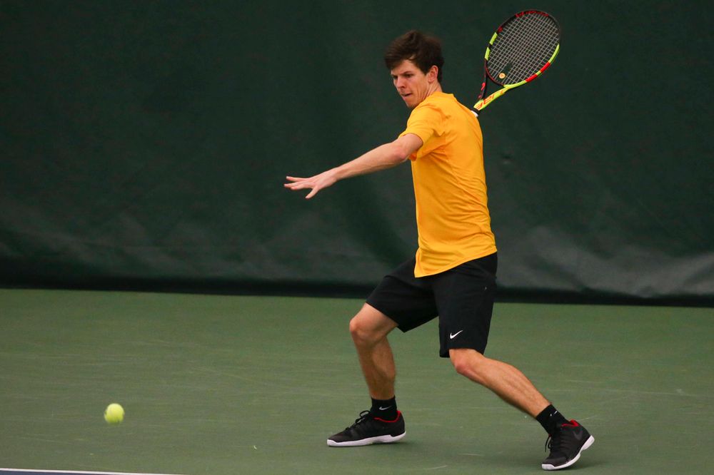 Iowa's Joe Tyler at a tennis match vs Drake Friday, March 8, 2019 at the Hawkeye Tennis and Recreation Complex. (Lily Smith/hawkeyesports.com)