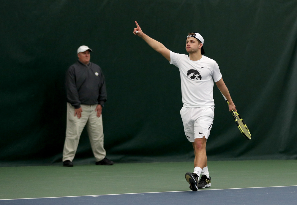Iowa’s Will Davies against Cornell Sunday, March 8, 2020 at the Hawkeye Tennis and Recreation Center. (Brian Ray/hawkeyesports.com)