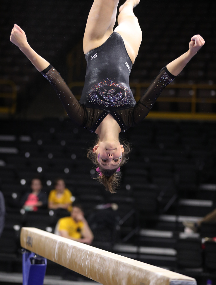Iowa's Bridget Killian competes on the beam during their meet against the Minnesota Golden Gophers Saturday, January 19, 2019 at Carver-Hawkeye Arena. (Brian Ray/hawkeyesports.com)