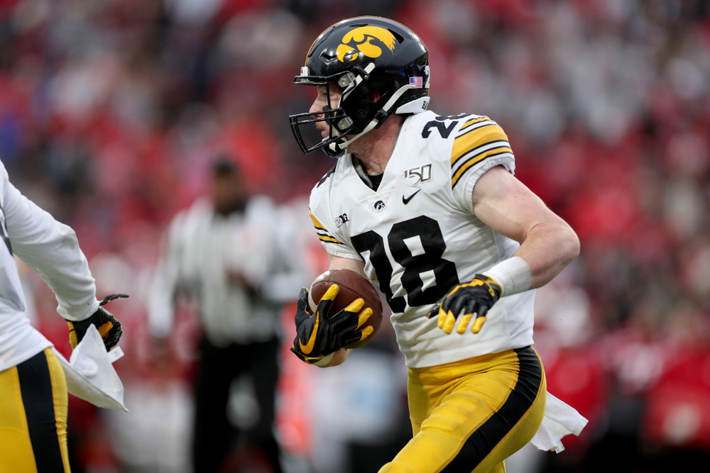 Iowa Hawkeyes running back Toren Young (28) intercepts a pass against the Nebraska Cornhuskers Friday, November 29, 2019 at Memorial Stadium in Lincoln, Neb. (Brian Ray/hawkeyesports.com)