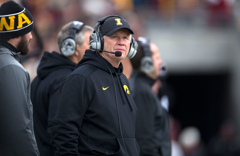 Iowa Hawkeyes defensive line coach Reese Morgan works the sideline during the second half of their game against the Minnesota Golden Gophers Saturday, Nov. 8, 2014 at TCF Bank Stadium in Minneapolis, Minn. (Brian Ray/hawkeyesports.com)