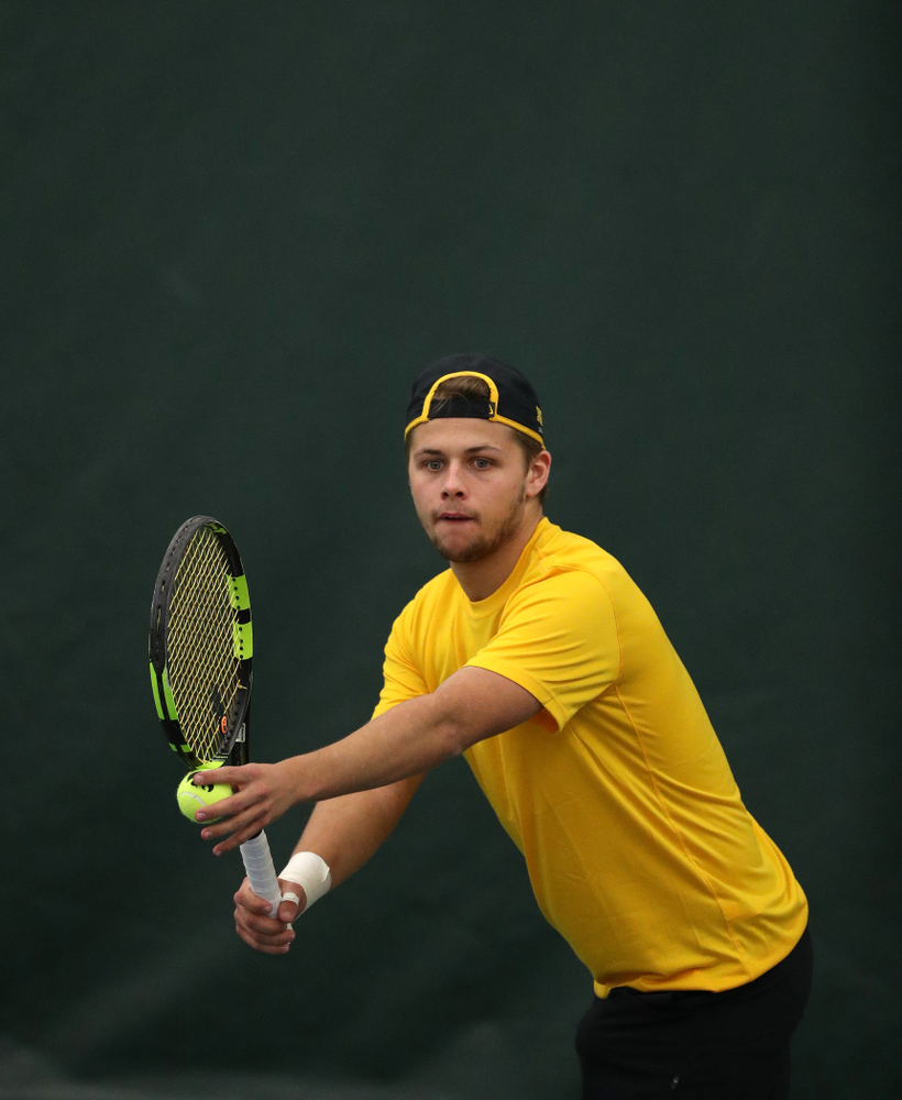 Will Davies against the Butler Bulldogs Sunday, January 27, 2019 at the Hawkeye Tennis and Recreation Complex. (Brian Ray/hawkeyesports.com)