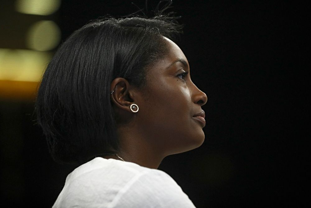 Iowa interim head coach Vicki Brown looks on during the third set of their Big Ten/Pac-12 Challenge match against Colorado at Carver-Hawkeye Arena in Iowa City on Friday, Sep 6, 2019. (Stephen Mally/hawkeyesports.com)