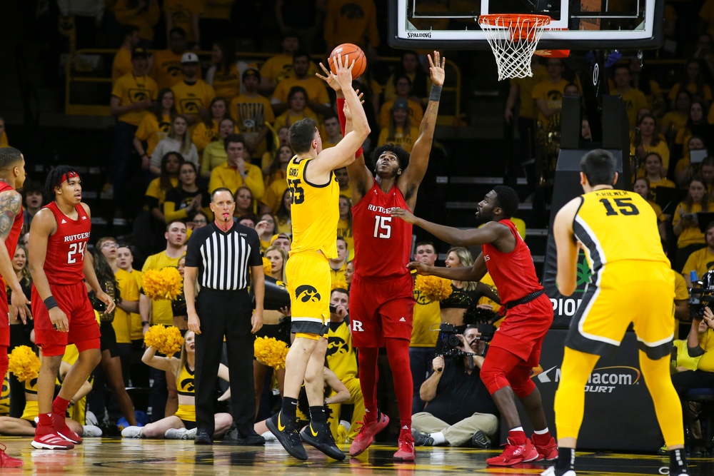 Iowa Hawkeyes center Luka Garza (55) attempts a shot during the Iowa men’s basketball game vs Rutgers on Wednesday, January 22, 2020 at Carver-Hawkeye Arena. (Lily Smith/hawkeyesports.com)