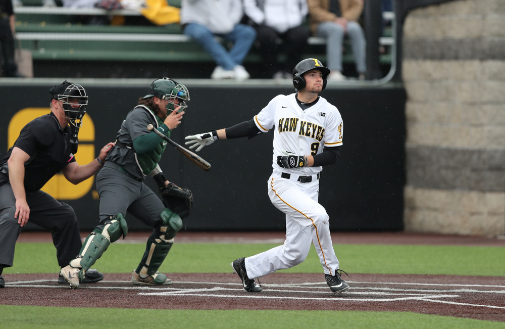 Iowa Hawkeyes outfielder Ben Norman (9) against Michigan State Sunday, May 12, 2019 at Duane Banks Field. (Brian Ray/hawkeyesports.com)