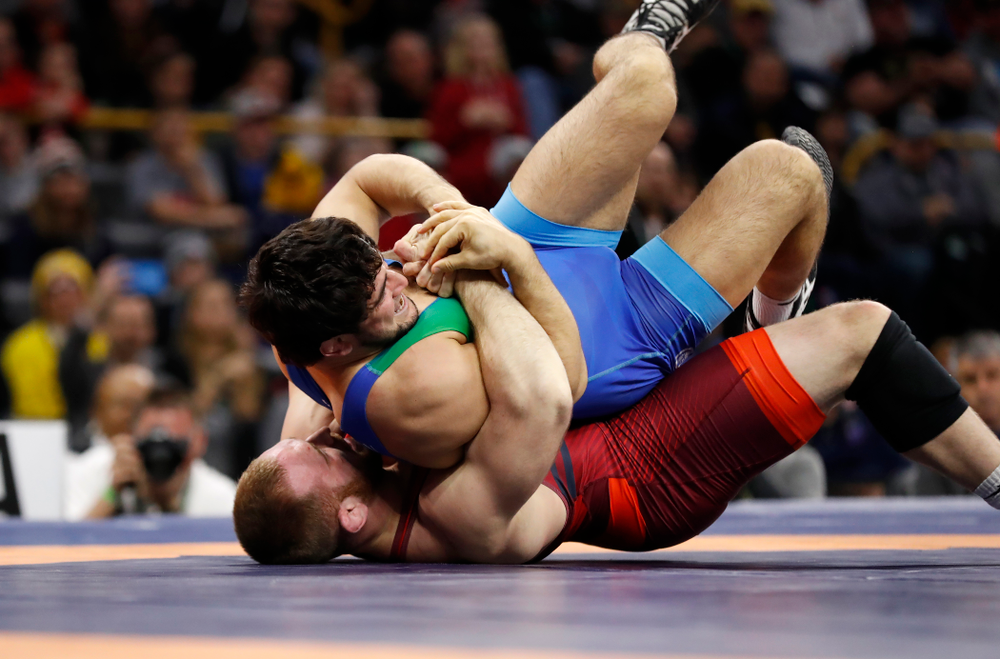 Kyle Snyder during the gold medal match of the United World Wrestling Freestyle World Cup against Azerbaijan Sunday, April 8, 2018 at Carver-Hawkeye Arena. (Brian Ray/hawkeyesports.com)
