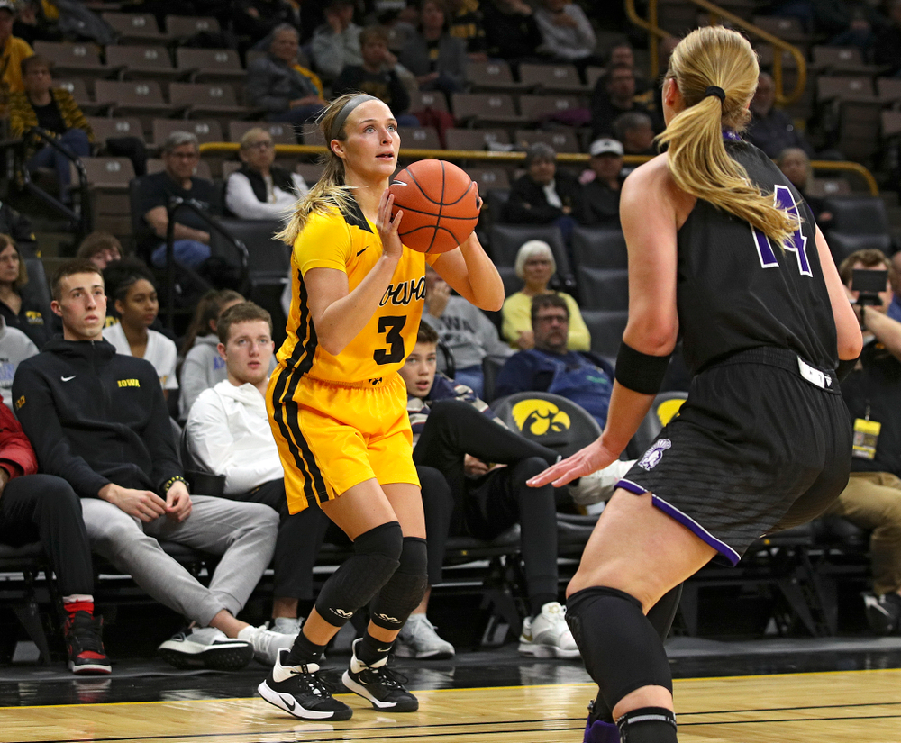 Iowa guard Makenzie Meyer (3) makes a 3-pointer during the fourth quarter of their game against Winona State at Carver-Hawkeye Arena in Iowa City on Sunday, Nov 3, 2019. (Stephen Mally/hawkeyesports.com)