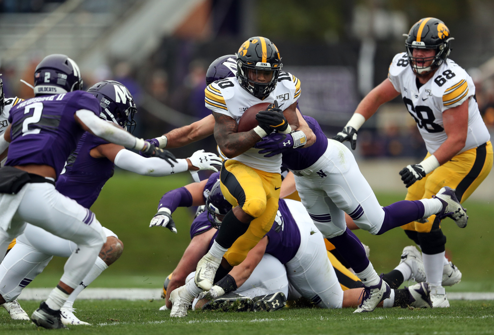 Iowa Hawkeyes running back Mekhi Sargent (10) against the Northwestern Wildcats Saturday, October 26, 2019 at Ryan Field in Evanston, Ill. (Brian Ray/hawkeyesports.com)